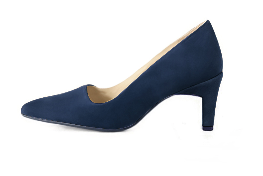 Navy blue women's dress pumps,with a square neckline. Tapered toe. High slim heel. Profile view - Florence KOOIJMAN